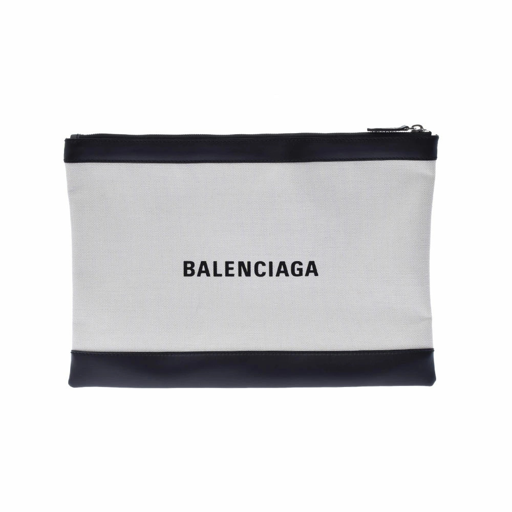 BALENCIAGA Navy Blue Clip White Black Canvas Clutch Bag